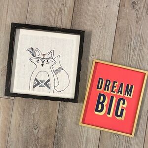 Kids Wood Framed Fox and Dream Big Hanging Wall Art Set 12x12 & 8x10